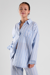 Yew Stripe Ethical-Cotton Pyjama Shirt - Glacier Blue
